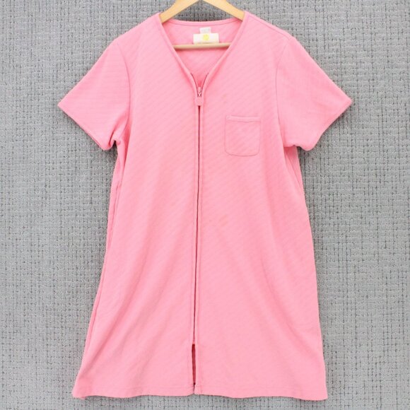 Stan Herman Terry Short Sleeve Zip Short Robe Womens Large L Pink Solid Full Zip - Picture 1 of 10